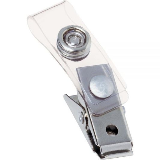 Swingline GBC Badge Clips with Plastic Straps, 0.5" x 1.5", Clear/Silver, 100/Box