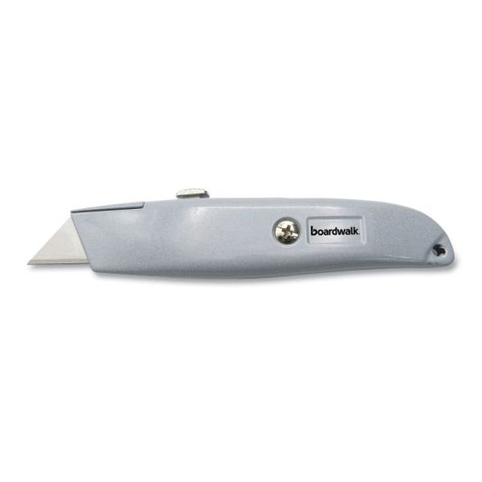 Boardwalk Retractable Metal Utility Knife, Retractable, 6" Die-Cast Handle, Gray