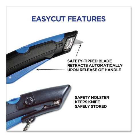 COSCO Easycut Self-Retracting Cutter with Safety-Tip Blade, Holster and Lanyard, 6" Plastic Handle, Black/Blue