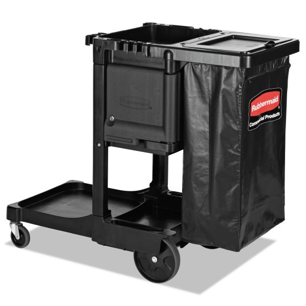 Rubbermaid Commercial Executive Janitorial Cleaning Cart, Plastic, 4 Shelves, 1 Bin, 12.1" x 22.4" x 23", Black