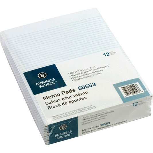 Business Source Glued Top Ruled Memo Pads - Letter 8.50" x 11" - Narrow Ruled - 50 Sheets/Pad - 12 Pads - White