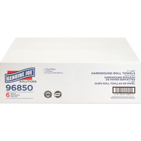 Genuine Joe Hardwound Paper Towel Rolls, 7" x 850 ft, 1 Ply, White, 6 Rolls/ Carton 7" x 850 ft - 1 Ply - White - 6 Rolls/ Carton