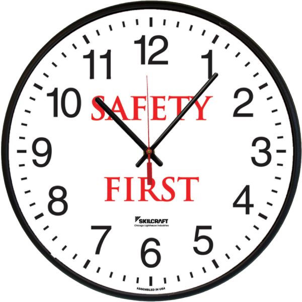 SKILCRAFT Safety First Message Wall Clock Analog - Quartz - Black/Plastic Case - TAA Compliant