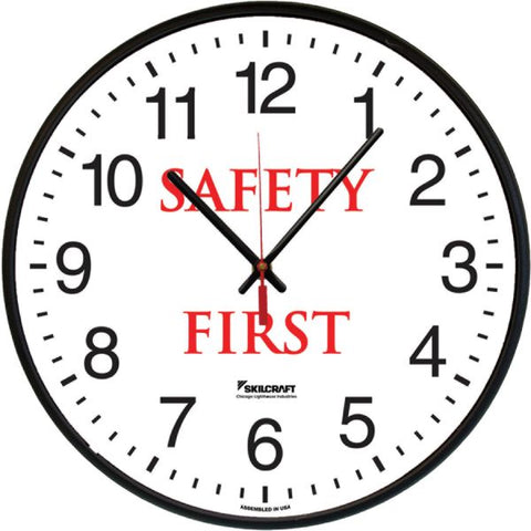 SKILCRAFT Safety First Message Wall Clock Analog - Quartz - Black/Plastic Case - TAA Compliant