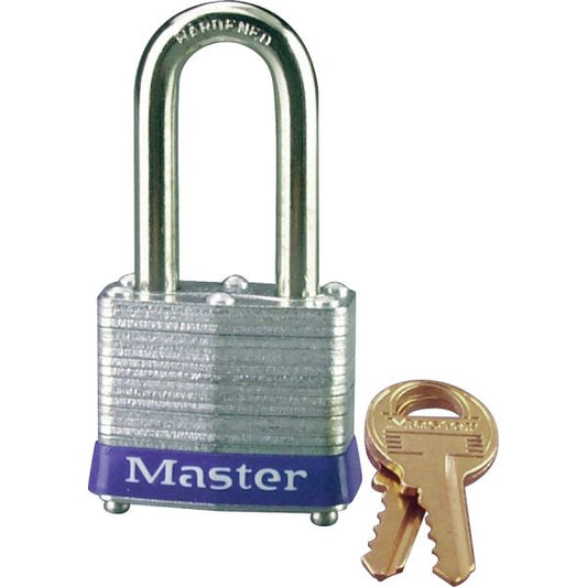 Master Lock Four-Pin Long Shackle Padlock 1.6" Body - Steel - Blue, Silver - (2) Keys