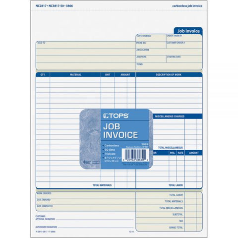 TOPS Job Invoice, Snap-Off Triplicate Form, Three-Part Carbonless, 8.5 x 11.63, 50 Forms Total