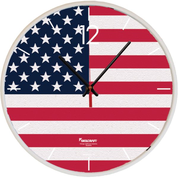 SKILCRAFT American Flag Wall Clock Analog - Quartz - White Main Dial - Plastic Case - TAA Compliant