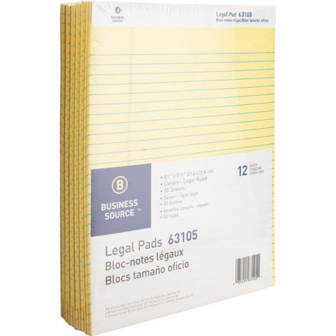 Business Source Letter-Size Legal Pads 8.50" x 11.75" - Wide Ruled - Perforated - 50 Sheets/ Pad - 12 Pads - Canary