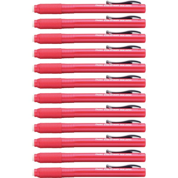 Pentel Rubber Grip Clic Eraser Red - Pen - Refillable - 12 / Box - Tear Resistant, Latex-free Grip, Pocket Clip, Ghost Resistant, Scratch Resistant, Retractable