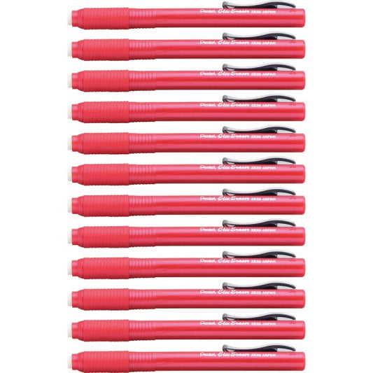 Pentel Rubber Grip Clic Eraser Red - Pen - Refillable - 12 / Box - Tear Resistant, Latex-free Grip, Pocket Clip, Ghost Resistant, Scratch Resistant, Retractable