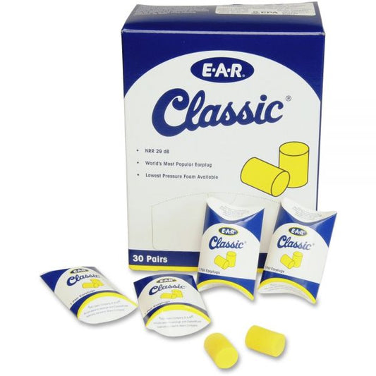 3M E-A-R Classic Earplugs, Pillow Paks, Cordless, PVC Foam, Yellow, 30 Pairs/Box