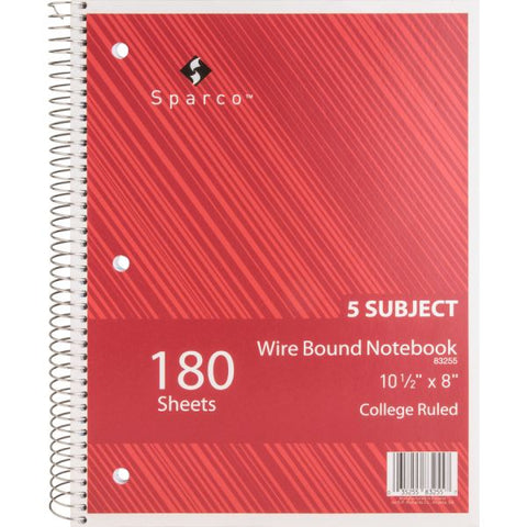 Sparco Wirebound College Ruled Notebooks 180 Sheets - Wire Bound - College Ruled - Unruled - 8" x 10 1/2" - Assorted Paper - Assorted Cover - Chipboard Cover - Resist Bleed-through, Subject, Stiff-back, Stiff-cover - 5 / Bundle