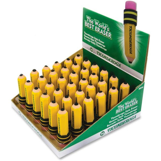 Ticonderoga Shaped Eraser, For Pencil Marks, Pencil Shaped, Small, Yellow/Green/Pink, 36/Box