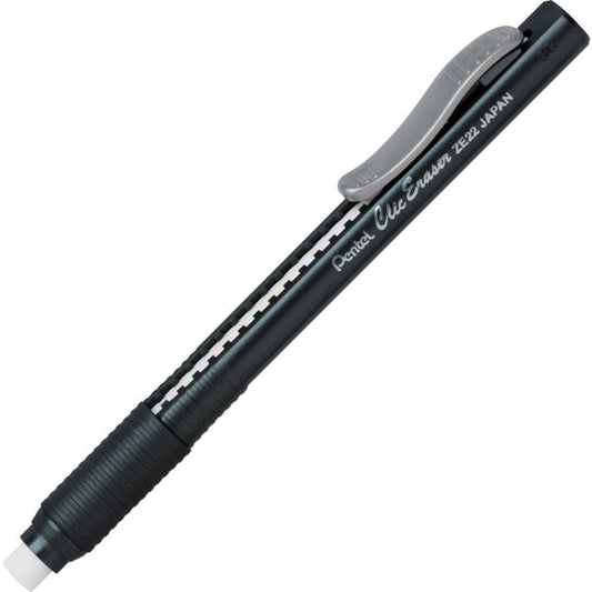 Pentel Clic Eraser Grip Eraser, For Pencil Marks, White Eraser, Black Barrel