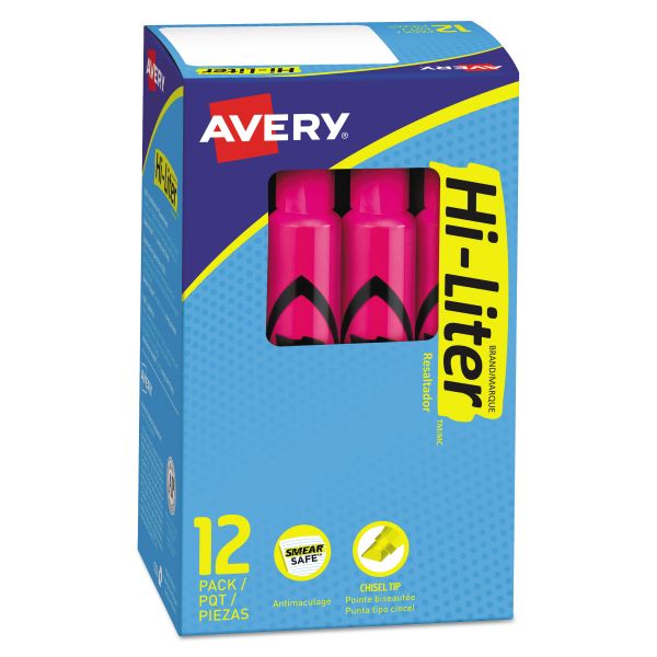 Avery HI-LITER Desk-Style Highlighters, Fluorescent Pink Ink, Chisel Tip, Pink/Black Barrel, Dozen