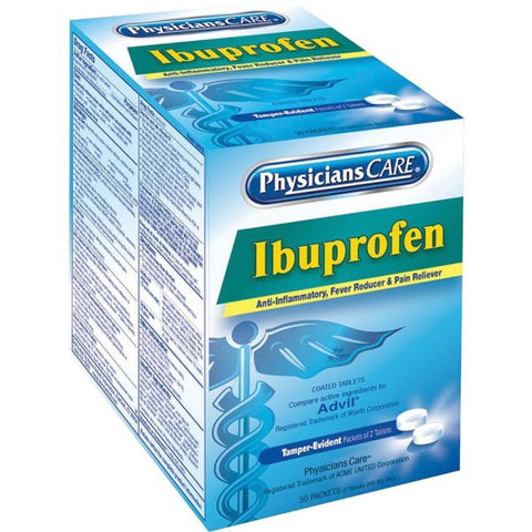 PhysiciansCare Ibuprofen Medication, Two Tablets Per Pack, 200mg, 50 Packs/Box