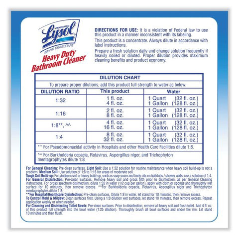 Professional LYSOL Brand Disinfectant Heavy-Duty Bathroom Cleaner Concentrate, 1 gal Bottle, 4/Carton