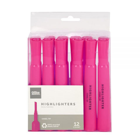 Chisel-Tip Highlighter, 100% Recycled Plastic, Fluorescent Pink, Pack Of 12