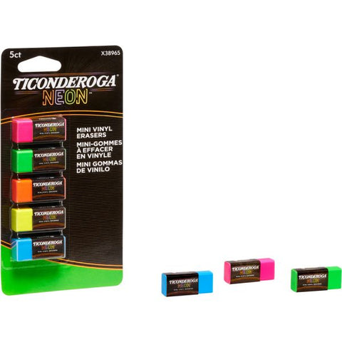 Ticonderoga Neon Mini Erasers Neon Pink, Neon Green, Neon Orange, Neon Yellow, Neon Blue - Vinyl - 5 / Pack - Latex-free, Soft, Smudge-free, Residue-free, Non-abrasive, Non-tearing, Non-toxic