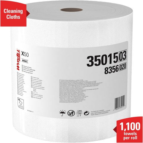 WypAll X50 Cloths, Jumbo Roll, 13.4 x 9.8, White, 1,100/Roll