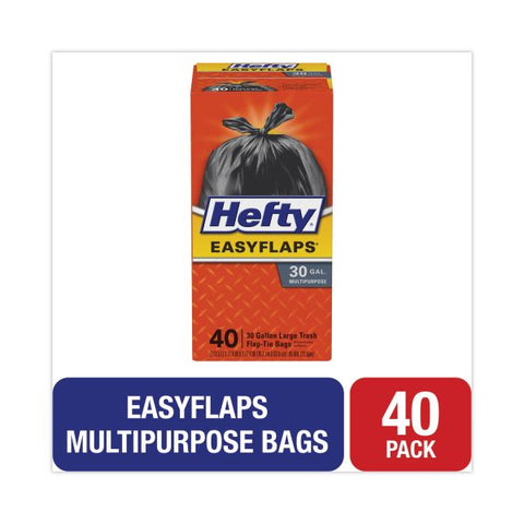 Hefty Easy Flaps Trash Bags, 30 gal, 1.05 mil, 30" x 33", Black, 40/Box