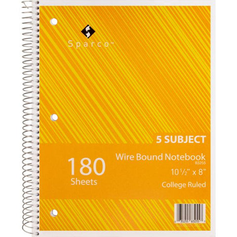 Sparco Wirebound College Ruled Notebooks 180 Sheets - Wire Bound - College Ruled - Unruled - 8" x 10 1/2" - Assorted Paper - Assorted Cover - Chipboard Cover - Resist Bleed-through, Subject, Stiff-back, Stiff-cover - 5 / Bundle