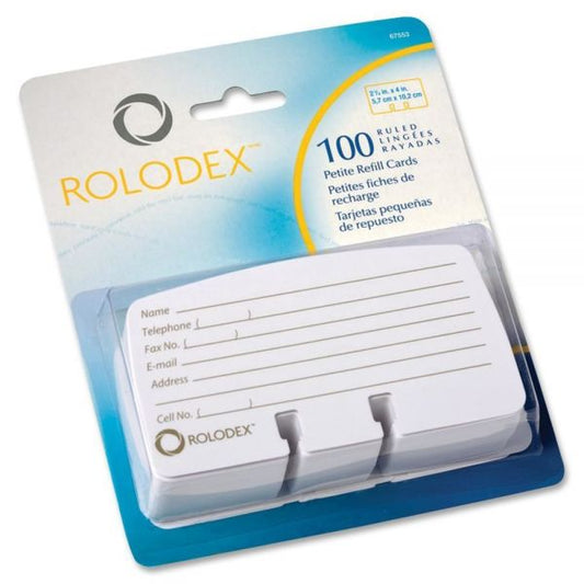 Rolodex Petite Refill Cards, 2.25 x 4, White, 100 Cards/Pack