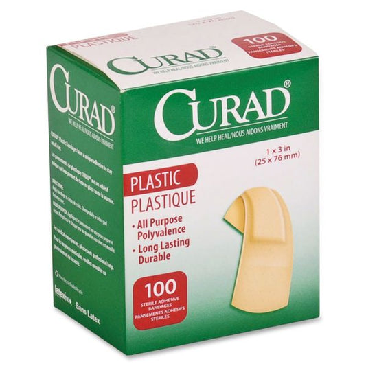 Curad Plastic Adhesive Bandages 1" x 3" - 100/ Box - Tan