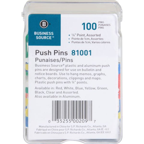 Business Source 1/2" Head Push Pins 0.50" Head - 100 / Box - Assorted