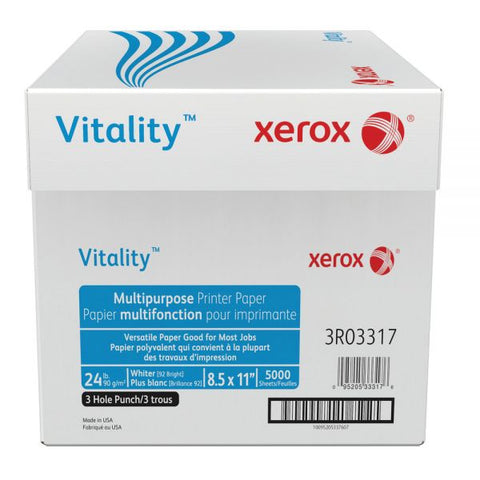 Xerox Vitality 3-Hole Punched Multi-Use Print & Copy Paper, Letter Size (8 1/2" x 11"), 92 (U.S.) Brightness, 24 Lb, FSC Certified, White, 500 Sheets Per Ream, Case Of 10 Reams