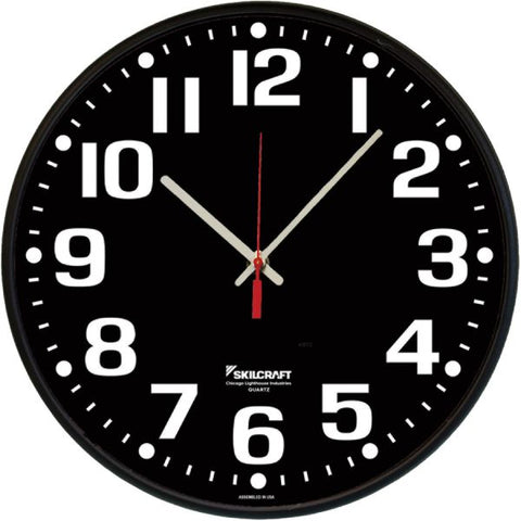 SKILCRAFT High Contrast Quartz Wall Clock Analog - Quartz - Black Main Dial - Plastic Case - TAA Compliant