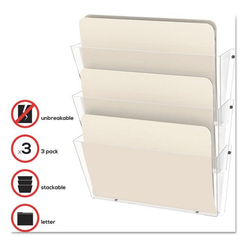 deflecto Unbreakable DocuPocket Wall File, 3 Sections, Letter Size, 14.5" x 3" x 6.5", Clear, 3/Pack