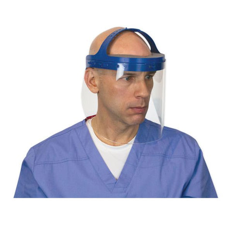 Suncast Commercial Fully Assembled Full Length Face Shield with Head Gear, 16.5 x 10.25 x 11, Clear/Blue, 16/Carton