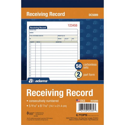 Adams Carbonless Receiving Record Book 50 Sheet(s) - 2 Part - Yes - 8.43" x 5.56" Sheet Size - 1 Each