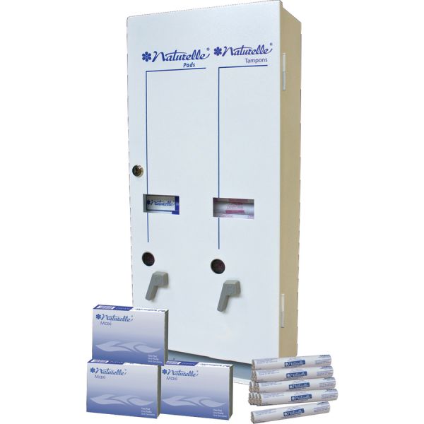 Impact Products Dual Vendor Hygiene Dispenser 12 x Sanitary Napkin, 19 x Tampon - 24" Height x 10.8" Width x 5.5" Depth - Metal - White - Window, Locking Coin Box - 1 Each