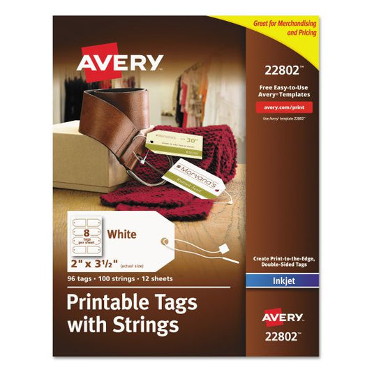 Avery Printable Rectangular Tags with Strings, 2 x 3 1/2, White, 96/Pack