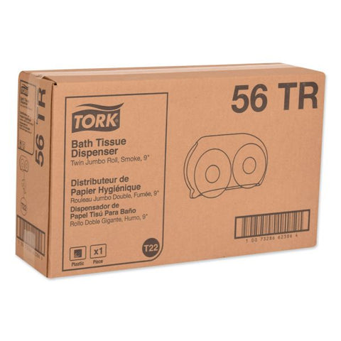 Tork Twin Jumbo Roll Bath Tissue Dispenser, 19.29 x 5.51 x 11.83, Smoke/Gray Roll Dispenser - 2 x Roll - 11.8" Height x 19.3" Width x 5.5" Depth - Vinyl, Plastic - Smoke - Impact Resistant, See-Through Cover, Flame Retardant, Chemical Resistant - 1 Each