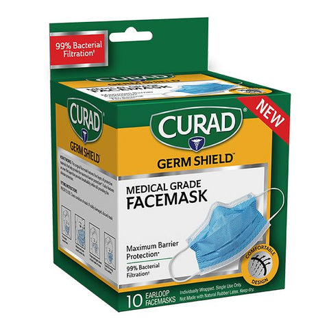 Curad Medical-grade FaceMasks Recommended for: Healthcare - Comfortable, Breathable, Adjustable Nose Guard, Fluid Resistant, Earloop Style Mask - Fog, Fluid, Bacteria, Pollen, Dust Protection - White - 10 / Box