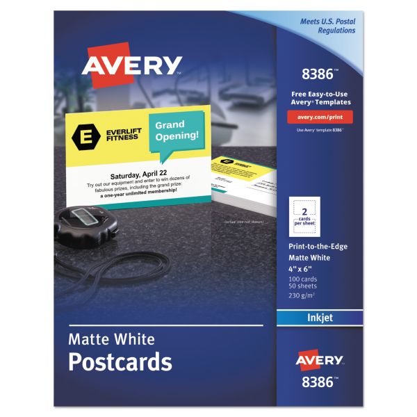 Avery Printable Postcards, Inkjet, 85 lb, 4 x 6, Matte White, 100 Cards, 2 Cards/Sheet, 50 Sheets/Box