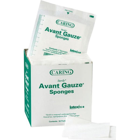 Caring Sterile Avant Gauze Sponges 2" x 2" - 4 Ply - 50/ Box - Rayon/Polyester - White