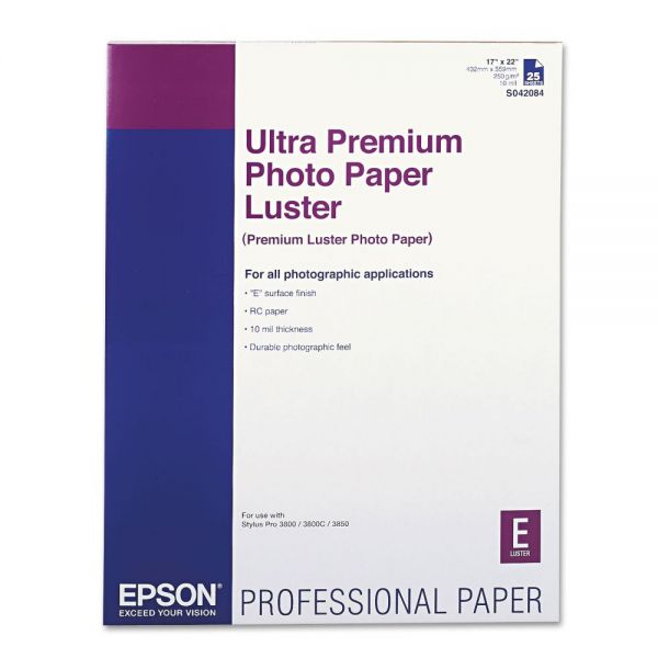 Epson Ultra Premium Photo Paper, 10 mil, 17 x 22, Luster White, 25/Pack