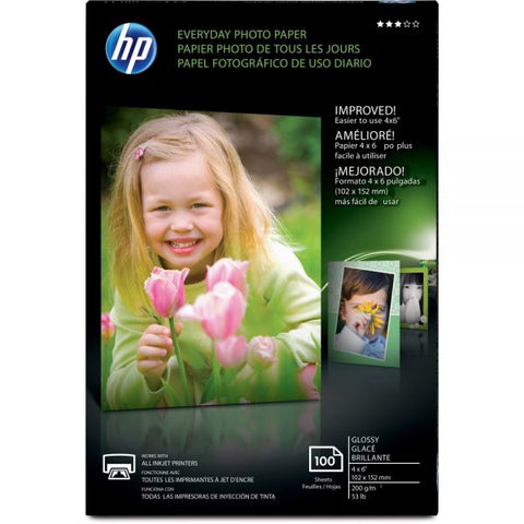 HP Everyday Glossy Photo Paper, 8 mil, 4 x 6, Glossy White, 100/Pack