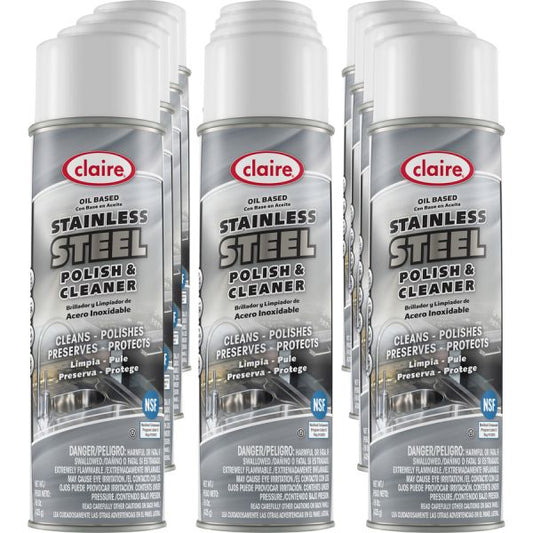 Claire Stainless Steel Polish and Cleaner Liquid - 15 fl oz (0.5 quart) - Lemon ScentCan - 12 / Pack - Clear