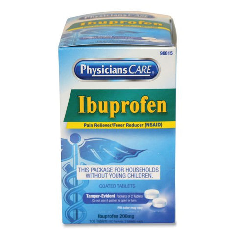 PhysiciansCare Ibuprofen Medication, Two Tablets Per Pack, 200mg, 50 Packs/Box