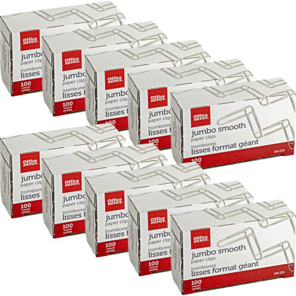 Jumbo Paper Clips, 1-7/8", 20-Sheet Capacity, Silver, 100 Clips Per Box, Pack Of 10 Boxes