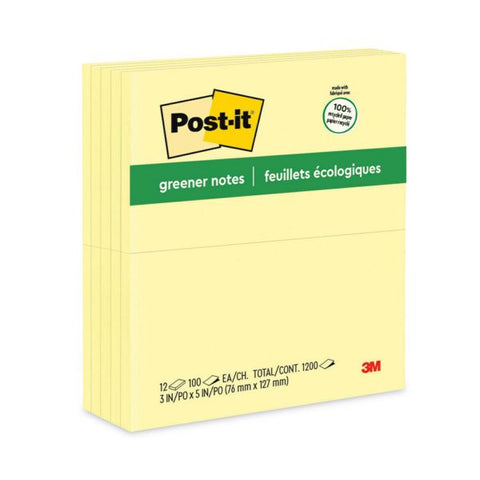 Post-it Greener Notes Original Recycled Note Pads, 3" x 5", Canary Yellow, 100 Sheets/Pad, 12 Pads/Pack