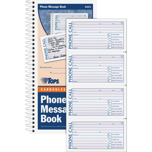 TOPS Spiralbound Message Book, Two-Part Carbonless, 5 x 2.75, 4 Forms/Sheet, 400 Forms Total