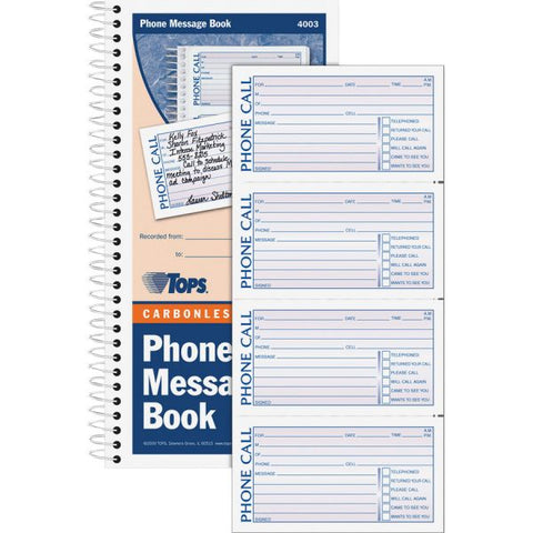 TOPS Spiralbound Message Book, Two-Part Carbonless, 5 x 2.75, 4 Forms/Sheet, 400 Forms Total