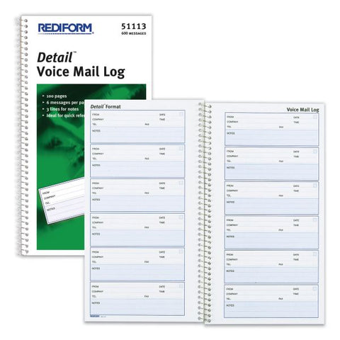 Rediform Detail Wirebound Voice Mail Log Book, One-Part (No Copies), 5 x 1.63, 6 Forms/Sheet, 600 Forms Total