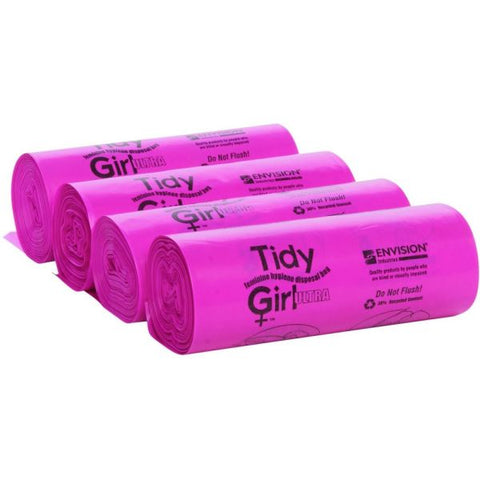 Tidy Girl Feminine Hygiene Sanitary Disposal Bags, 4" x 10", Pink/Black, 150 Bags/Roll, 4 Rolls/Carton